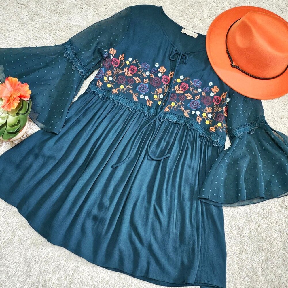 Altar'd State Brand Dress. Forest Green Floral Embroidered Swiss Dot. Size Small